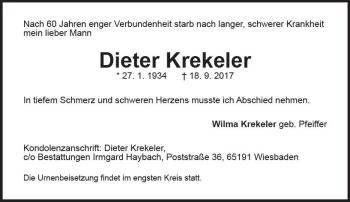Traueranzeige von Dieter Krekeler von Trauerportal Rhein Main Presse
