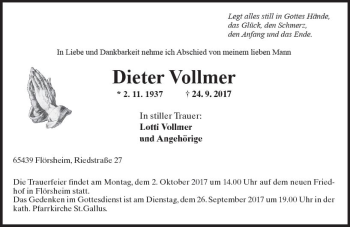 Traueranzeige von Dieter Vollmer von Trauerportal Rhein Main Presse