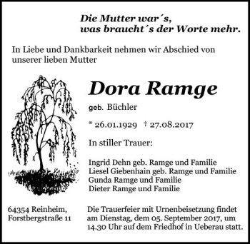 Traueranzeige von Dora Ramge von Trauerportal Echo Online