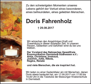 Traueranzeige von Doris Fahrenholz von Trauerportal Echo Online