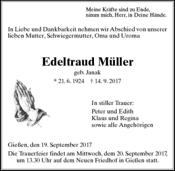 Traueranzeige von Edeltraud Müller von  Gießener Anzeiger