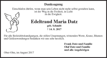 Traueranzeige von Edeltraud Maria Datz von Trauerportal Rhein Main Presse