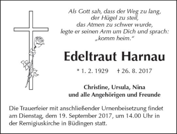 Traueranzeige von Edeltraut Harnau von  Kreisanzeiger