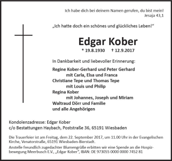 Traueranzeige von Edgar Kober von Trauerportal Rhein Main Presse