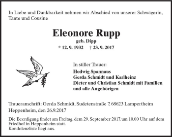 Traueranzeige von Eleonore Rupp von Trauerportal Echo Online
