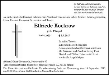 Traueranzeige von Elfriede Kockrow von Trauerportal Rhein Main Presse