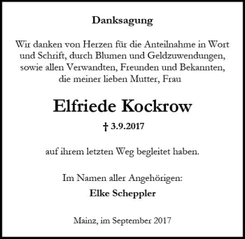 Traueranzeige von Elfriede Kockrow von Trauerportal Rhein Main Presse