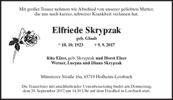 Traueranzeige von Elfriede Skrypzak von Trauerportal Rhein Main Presse