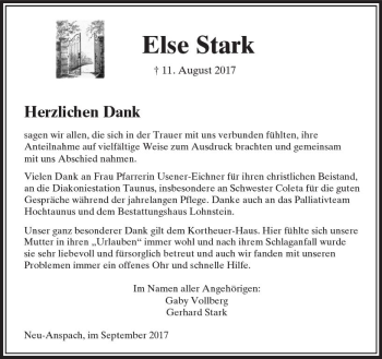 Traueranzeige von Else Stark von  Usinger Anzeiger