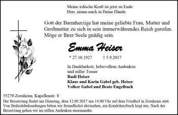Traueranzeige von Emma Heiser von Trauerportal Rhein Main Presse