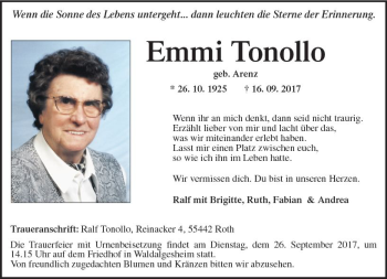Traueranzeige von Emmi Tonollo von Trauerportal Rhein Main Presse