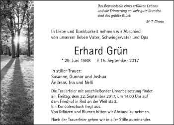 Traueranzeige von Erhard Grün von  Usinger Anzeiger