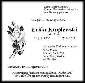 Traueranzeige von Erika Kroplewski von  Gießener Anzeiger