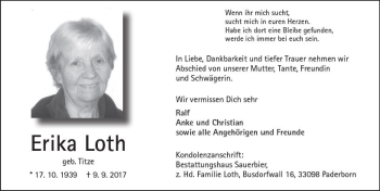 Traueranzeige von Erika Loth von  Kreisanzeiger