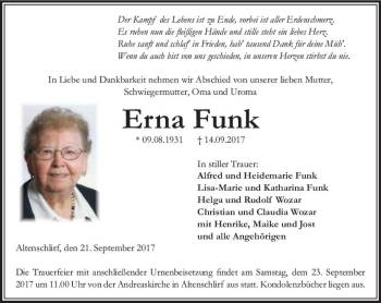 Traueranzeige von Erna Funk von VRM Trauer