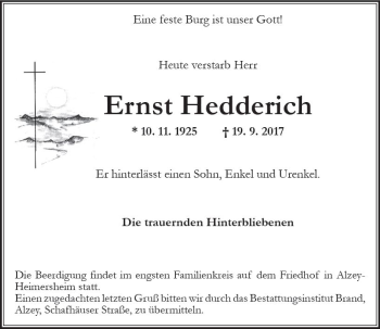 Traueranzeige von Ernst Hedderich von Trauerportal Rhein Main Presse