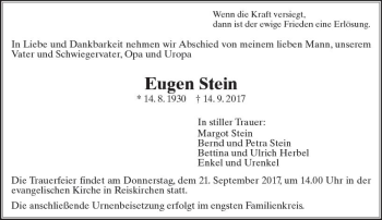 Traueranzeige von Eugen Stein von  Gießener Anzeiger