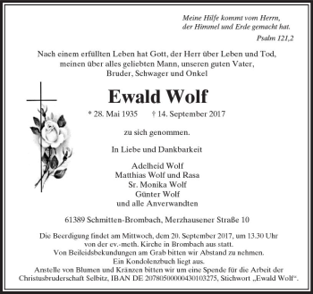 Traueranzeige von Ewald Wolf von  Usinger Anzeiger