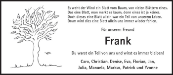Traueranzeige von Frank  von Trauerportal Rhein Main Presse