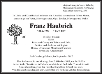 Traueranzeige von Franz Haubrich von  Camberger Anzeiger
