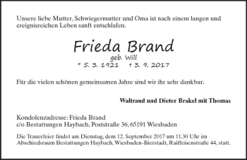 Traueranzeige von Frieda Brand von Trauerportal Rhein Main Presse