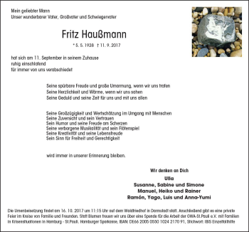 Traueranzeige von Fritz Haußmann von Trauerportal Echo Online