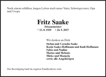Traueranzeige von Fritz Saake von Trauerportal Rhein Main Presse