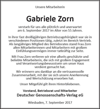 Traueranzeige von Gabriele Zorn von Trauerportal Rhein Main Presse