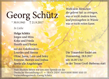 Traueranzeige von Georg Schütz von Trauerportal Echo Online