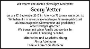 Traueranzeige von Georg Vetter von Trauerportal Echo Online