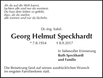 Traueranzeige von Georg Helmut Speckhardt von Trauerportal Echo Online