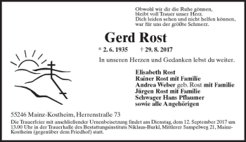 Traueranzeige von Gerd Rost von Trauerportal Rhein Main Presse