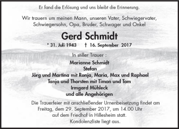 Traueranzeige von Gerd Schmidt von Trauerportal Rhein Main Presse