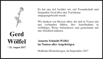 Traueranzeige von Gerd Wölfel von Trauerportal Rhein Main Presse