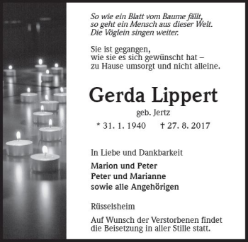 Traueranzeige von Gerda Lippert von Trauerportal Rhein Main Presse