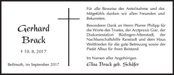Traueranzeige von Gerhard Brack von  Kreisanzeiger