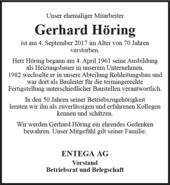 Traueranzeige von Gerhard Höring von Trauerportal Echo Online