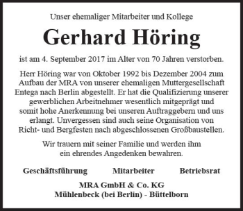 Traueranzeige von Gerhard Höring von Trauerportal Echo Online