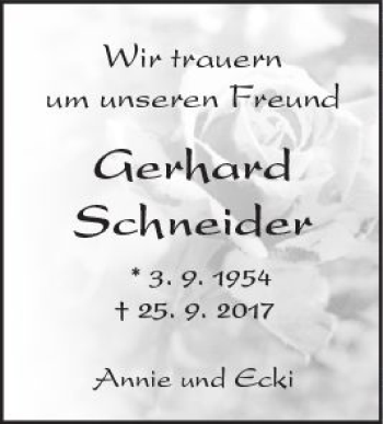 Traueranzeige von Gerhard Schneider von Trauerportal Echo Online