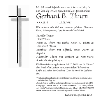Traueranzeige von Gerhard  Thurn von Trauerportal Rhein Main Presse