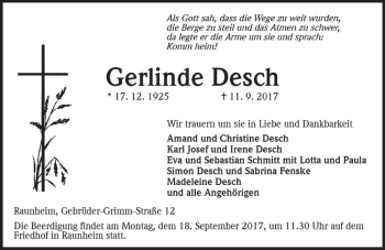 Traueranzeige von Gerlinde Desch von Trauerportal Rhein Main Presse