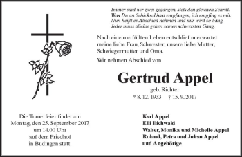 Traueranzeige von Gertrud Appel von  Kreisanzeiger