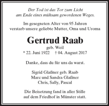 Traueranzeige von Gertrud Raab von  Camberger Anzeiger