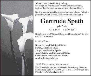Traueranzeige von Gertrude Speth von Trauerportal Rhein Main Presse