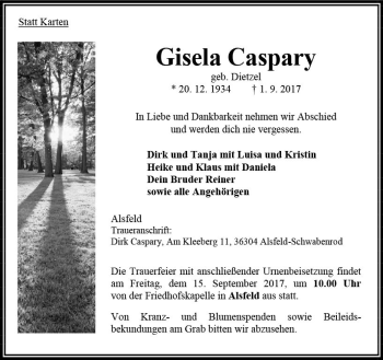 Traueranzeige von Gisela Caspary von VRM Trauer