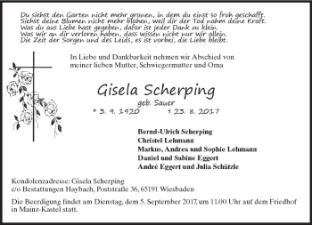 Traueranzeige von Gisela Scherping von Trauerportal Rhein Main Presse
