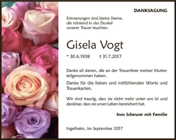 Traueranzeige von Gisela Vogt von Trauerportal Rhein Main Presse