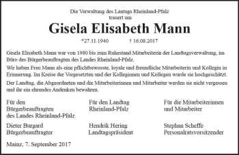 Traueranzeige von Gisela Elisabeth Mann von Trauerportal Rhein Main Presse
