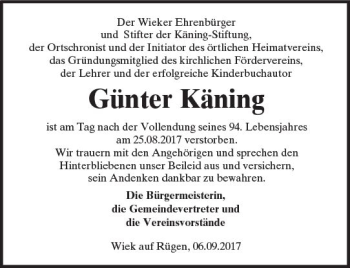 Traueranzeige von Günter Käning von VRM Trauer