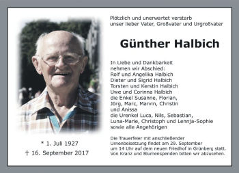 Traueranzeige von Günther Halbich von  Gießener Anzeiger